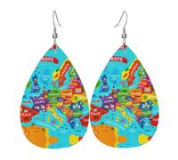 Coloridos pendientes de piel con diseño de mapa de Europa con lágrima, diseño de lágrima, con gancho, a la moda, vintage, fiesta, uso diario, talla única, Cuero