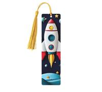 Coloridos planetas, cohetes y astronautas únicos de doble cara impresos marcapáginas de madera, accesorios artísticos de libros, regalos de cumpleaños para hombres y mujeres, regalos para amantes de