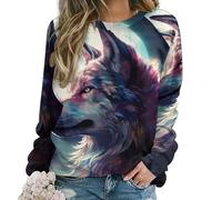 Coloridos suéteres de impresión 3D de Lobo Solitario de Las Mujeres Caen Cuello Redondo Manga Larga suéter de Manga Larga