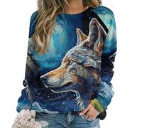 Coloridos suéteres de impresión 3D de Lobo Solitario de Las Mujeres Caen Cuello Redondo Manga Larga suéter de Manga Larga