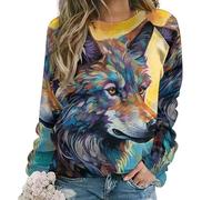 Coloridos suéteres de impresión 3D de Lobo Solitario de Las Mujeres Caen Cuello Redondo Manga Larga suéter de Manga Larga