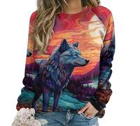 Coloridos suéteres de impresión 3D de Lobo Solitario de Las Mujeres Caen Cuello Redondo Manga Larga suéter de Manga Larga