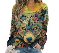Coloridos suéteres de impresión 3D de Lobo Solitario de Las Mujeres Caen Cuello Redondo Manga Larga suéter de Manga Larga