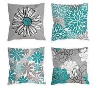 COLORPAPA Juego de 4 Fundas de Almohada de Color Verde Azulado de 18 x 18 Pulgadas, Color Turquesa y Gris, Fundas de Almohada Decorativas para sofá, Funda de Almohada Moderna con Margaritas para Sala