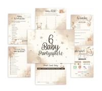 colortouch Juego de fiesta de baby shower 50 tarjetas, 6 divertidos juegos de adivinanzas para rellenar (10 unidades), juegos de fiesta baby shower para niñas y niños, regalo de embarazo, DIN A5 Boho