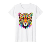 Colourful Cheetah Head in Vivid Shades Artistic Designed Camiseta gráfica económica, Mujer, Blanco, XS