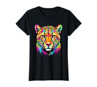Colourful Cheetah Head in Vivid Shades Artistic Designed Camiseta gráfica económica, Mujer, Negro, XS