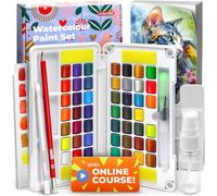colozoo 48 Watercolour Set con curso de vídeo, pincel con depósito, 10 hojas, paleta, bolígrafo de gel blanco, botella de spray, lápiz, esponja - todo en una caja de viaje.