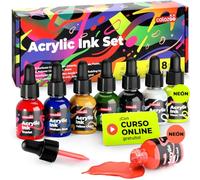 Colozoo Set de Tinta Acrílica 8x20ml, permanente y resistente al agua, 6 colores primarios y 2 neón, pintura líquida para aerógrafo, pouring, medium acrílico, tinta acrílica para todas las superficies