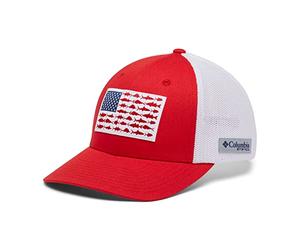 Columbia - Gorra Unisex de Malla con Bandera de Peces PFG, Red Spark/White/US Fish, Talla L/XL