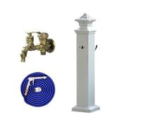 Columna de agua para jardín al aire libre, grifo de ducha independiente de acero inoxidable con soporte de manguera de diseño cuadrado anticongelante y pistola de pulverización (blanco, 72 cm)
