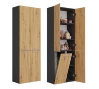 CDF Armario de Baño con 1 Cesto Ropa Sucia, Armario Alto, Bolsa de Ropa Extraíble con Asas Compartimento con Puerta 30 x 60 x 174 cm Roble Artisan/Antracita Montaje Sencillo