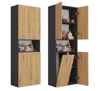 CDF Armario de Baño con 1 Cesto Ropa Sucia, Armario Alto, Bolsa de Ropa Extraíble con Asas Compartimento con Puerta 30 x 60 x 174 cm Roble Artisan/Antracita Montaje Sencillo