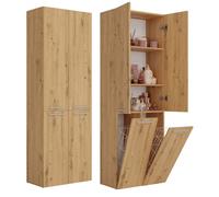 CDF Armario de Baño con 2 Cestas Ropa Sucia, Armario Alto, Bolsa de Ropa Extraíble con Asas Compartimento con Puerta 30 x 60 x 174 cm Roble Artisan Montaje Sencillo