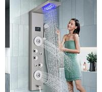 Columna de Ducha con Pantalla LCD, Sistema de Hidromasaje 3 en 1, Acero Inoxidable Cepillado, Cabezal de Lluvia 20x20 cm, Montaje en Pared, 117 cm