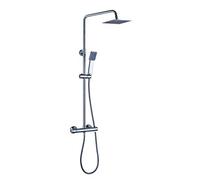 Columna de ducha extralarga MOL con grifo termostático y tubo redondo extensible de 100 a 150 cm. ideal con bañera. Rociador y ducha de mano cuadrados. Acabados cromo. Repuestos garantizados