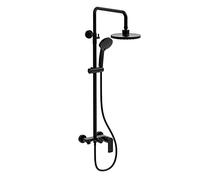 Columna de ducha monomando modelo DAK BLACK con caño, 3 vías, regulable en altura de 96 a 136 cm. Incluye flexo, ducha de mano y rociador redondo