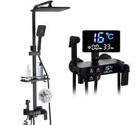 Columna de Ducha Termostática, Columna Ducha Negra con Grifo y Pantalla LED, Duchas de Baño Columna Bañera Altura Ajustable, Set Ducha 4 Modos Alcachofa de Ducha, Chorro, Grifo, Ducha Lluvia 30 x 20cm