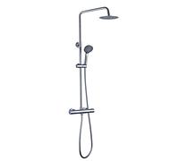 Columna de ducha termostática diseño redondo, con tubo extensible de 80 a 120 cm. Rociador extraplano de 20cm y ducha de mano de hidromasaje redondos. Recambios garantizados