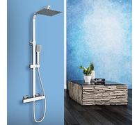 Columna de Ducha Termostática, Ducha Casa, Cuadrada Plata Alcachofa de Ducha, Barra y Manguera de Acero Inoxidable, Ducha de Baño Lluvia