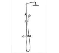 Columna de ducha termostática extralarga TACTO FRÍO Round. Tubo extensible de 100 a 150 cm. Antiquemaduras, con ducha hidromasaje y rociador redondos acabados en cromo brillo. Recambios garantizados