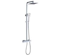 Columna de ducha termostática EXTRAPLANA de diseño cuadrado. Regulable en altura de 80 a 120cm, con grifo, rociador 20x20cm y mango de ducha cuadrados. Acabados cromo brillo. Repuestos garantizados