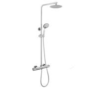 Columna de ducha termostática TACTO FRÍO Round. Tubo extensible de 80 a 120 cm. Antiquemaduras, con ducha hidromasaje y rociador redondos acabados en cromo brillo. Recambios garantizados