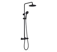 Columna de Ducha termostático | Altura regulable 83-120 cm | latón macizo negro mate | Diseño cuadrado con rociador efecto lluvia y alcachofa | Ideal techos altos