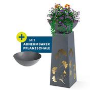 Hoberg Jardinera de Pedestal LED Diseño de Hojas de Ginkgo con Aspecto de hormigón | Jardinera extraíble (Ø 34cm) Apta para Interior y Exterior | Iluminación integrada, inalámbrica [23 x 23 x 70 cm]