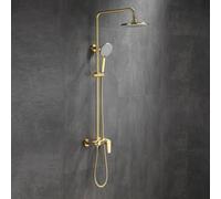 columna ducha exterior de pared sistema de ducha 3 en 1 Oro Cepillado | grifo ducha de pared monomando con manguera y alcachofa, cabezal de ducha redondo, grifo bañera
