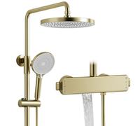 Columna ducha,Sistema de ducha retro de oro cepillado,Columna de ducha termostática,3 funciones Juego de ducha de pared,Con 260mm rociador redondo,Grifo de bañera,Ducha de mano de 3 modos