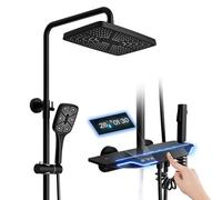 Columna Ducha Termostático Sistema de Ducha Con LED Pantalla Digital, Altura Adjustable Juego De Ducha, Ducha De Mano, 32CM Alcachofa De La Ducha, Grifo De Bañera, Bidé (Negro)