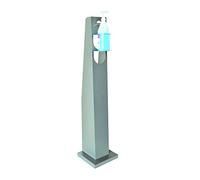 Columna para dispensador de gel desinfectante gris RAL 9006, modelo Slim Bracky, soporte para botella de gel, tótem porta gel higienizante, indicada para la desinfección de las manos