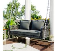 Columpio de jardín, columpio de jardín, juego de muebles de jardín para exteriores, ratán beige, cojín de asiento gris, 2 asientos, con cojín de asiento y respaldo, extraíble y lavable (gris)
