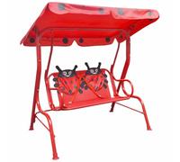 Columpio de jardín infantil con toldo y marco de acero resistente, color rojo, carga máxima de 80 kg, muebles de jardín para exteriores, fácil montaje, resistente