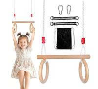 Columpio Trapecio de Madera, Jardín Exterior Niños Antideslizante Columpios Infantiles con Anillas de Gimnasia Exterior Altura Ajustable para Interiores e Exteriores