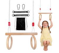 Columpio Trapecio de Madera, MultifuncióN Columpio Jardin Exterior con Anillas Gimnasia 2 en 1 Columpios Exterior Capacidad MáXima de Carga 100 kg Longitud de Cuerda Ajustable