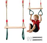 Columpio trapezoidal multifuncional para niños 2 en 1 de madera con anillas, columpio trapezoidal ajustable para niños con longitud de anillo de 85 - 145 cm, capacidad de carga de 150 kg/330 libras