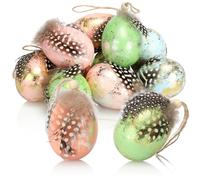 COM-FOUR® 12x Huevos de Pascua para Colgar 7 x 4 cm - Elegante decoración Colgante para el arbusto de Pascua - Huevos de Pascua de Colores con Plumas y Cuentas de Madera en un Aspecto Brillante