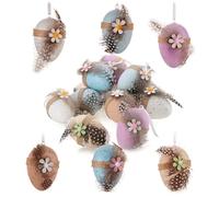 COM-FOUR® 12x Huevos de Pascua para Colgar 7 x 5 cm, con Plumas y Flor de Madera - Huevos de Pascua de Colores con Aspecto de Huevo de codorniz - Percha para el arbusto de Pascua Hecha de plástico