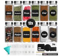 com-four® 12x Tarros de Especias con Accesorios - Control de Especias de Vidrio 120 ml, Accesorios para rociadores, Cepillo, Embudo, Etiquetas, bolígrafo (12 piezas de vasos con accesorios.)