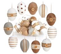 com-four® 18x Huevos de Pascua para Colgar - Decoraciones de Pascua Natural con Bonitos Adornos - Huevos Decorativos con Cuerda para Colgar, 6 cm