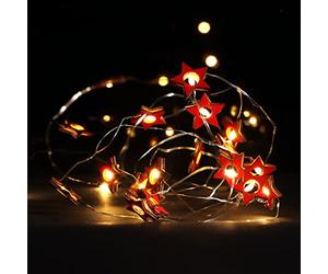 com-four® 2x Cadena de luces LED temporizador, Luces navideñas de bajo | Cadena de luces con 20 estrellas LED de madera - Decoración navideña para interiores