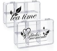 com-four® 2X Caja de Almacenamiento para Té - Cajas de Plástico Transparente con Tapa - Organizador con 6 Compartimentos (2 Piezas - Glücksmomente & Teatime)