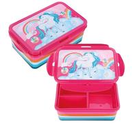 com-four® 2x caja para comida con tapa, 3 compartimentos con separadores, recipiente práctico de plástico para llevar, libre de BPA y apto para alimentos (2x Unicornio - rosa)