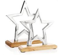 com-four® 2X Estrella de pie Decorativa Premium - Estatua de Estrella de Aluminio niquelado sobre una Base de Madera de Mango - Estrella Decorativa de pie (Color Plateado - Mezcla de Estrellas)