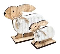 com-four® 2X Figura Decorativa con Soporte - Conejo de Pascua Grande y Pequeño con Lazo y Campanita - Decoración de Pascua de Madera para Colocar (02 Piezas - Blanco/marrón)