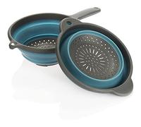 COM-FOUR® 2x tamices de cocina plegables con y sin mango, tamiz de silicona plegable, tamiz de drenaje para pasta, verduras, frutas (2 piezas - azul/gris con/sin asa)