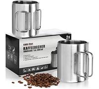 com-four® 2x tazas de café de acero inoxidable - 300 ml por taza - taza térmica de acero inoxidable 304 con asa plegable - taza aislante de doble pared - sin BPA (plata - 300ml - 2 piezas)
