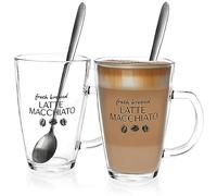 com-four® 2x Vaso Latte Macchiato - Vasos de Latte Macchiato con Cucharas Largas - Vasos de Café con Asas - Vasos para Té, Café, Chocolate Caliente